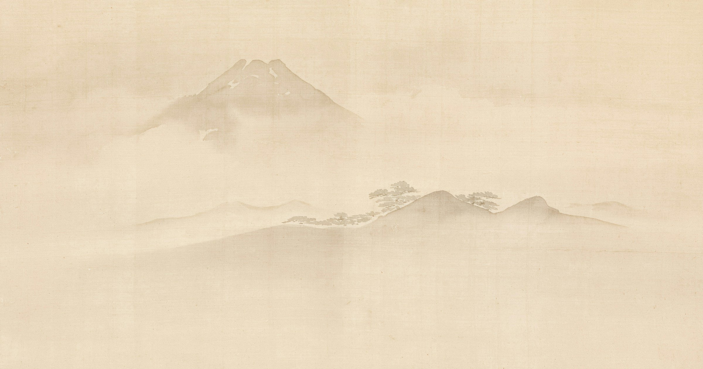 Pintura japonesa del monte Fuji y colinas entre la niebla