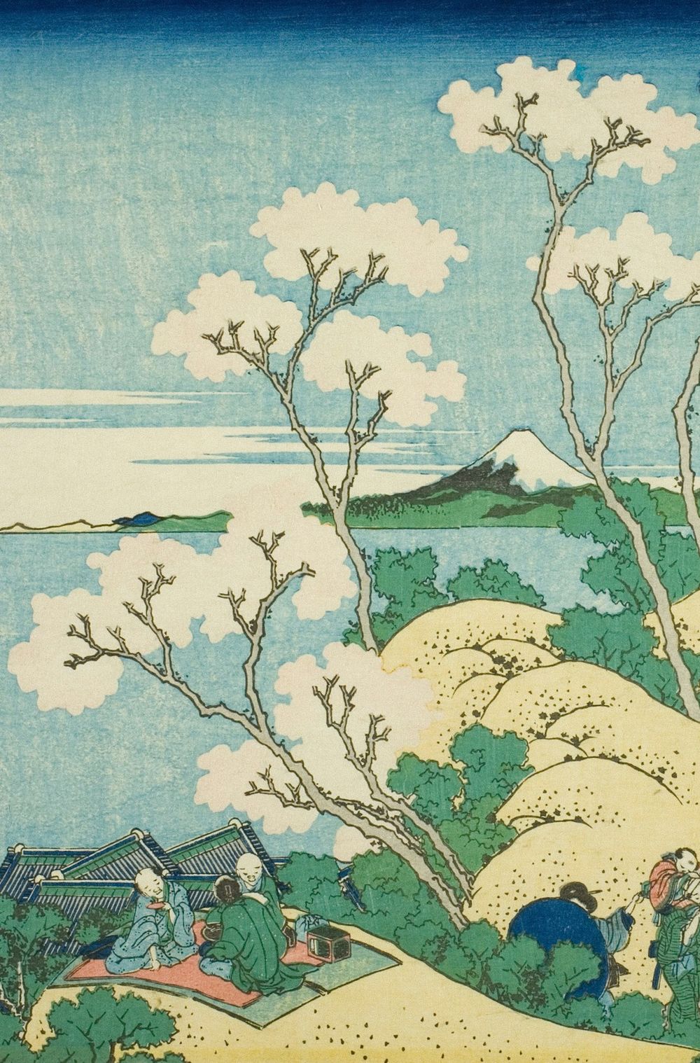 Grabado japonés: cerezos en flor frente al monte Fuji, con personas descansando bajo los árboles