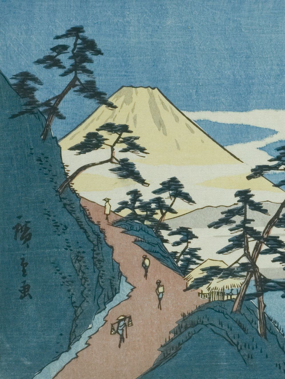 Grabado japonés: un sendero entre pinos que sube hacia el monte Fuji